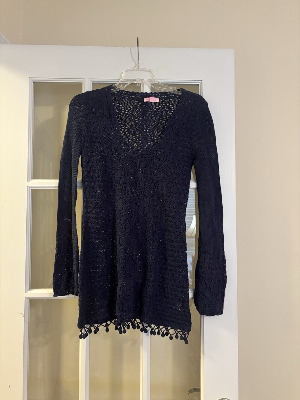 Lilly Pulitzer Flared Athena Crochet True Navy Cotton Knit Sweater Dress Small